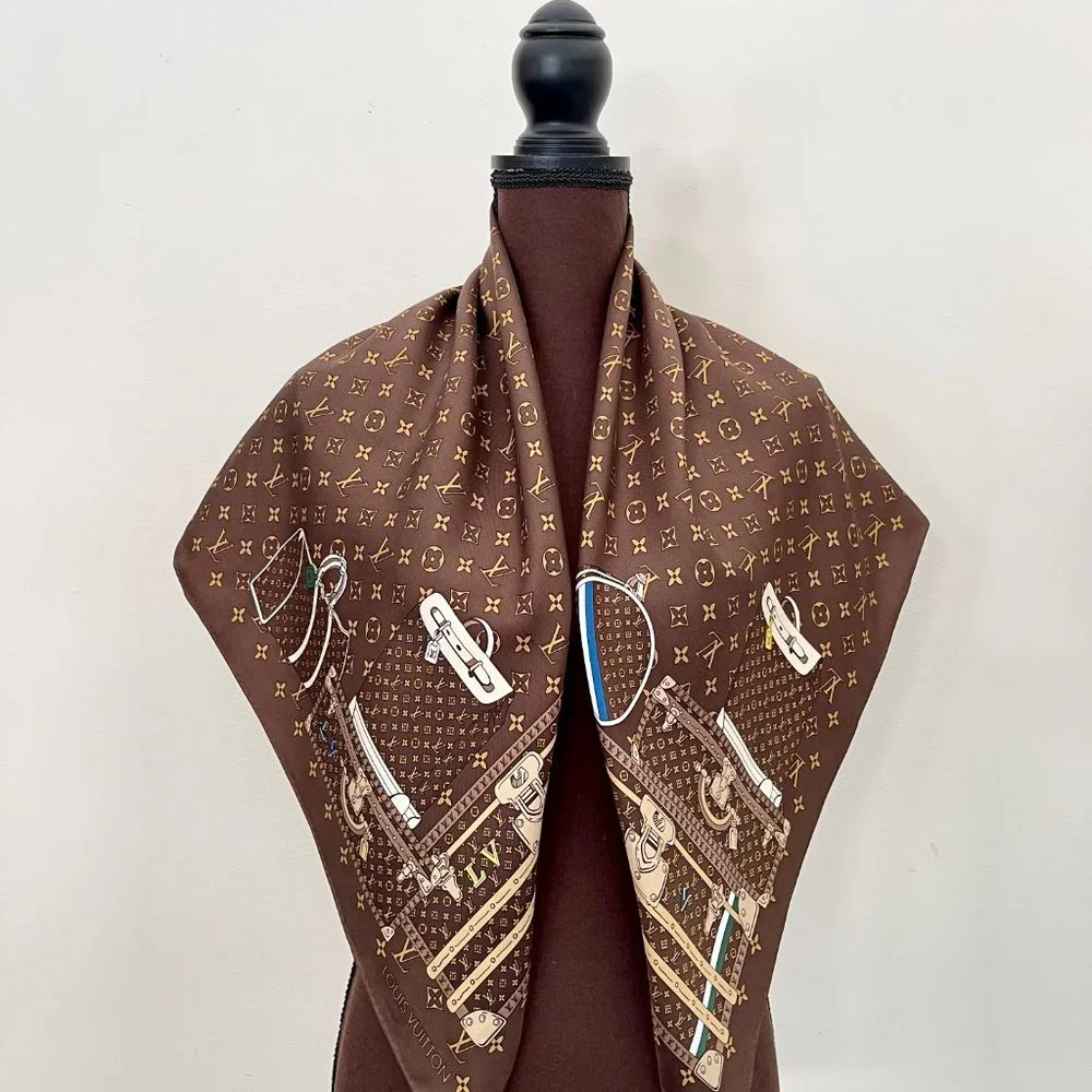 Louis Vuitton Scarf  Travel Trunks Monogram Brown Silk Wrap
